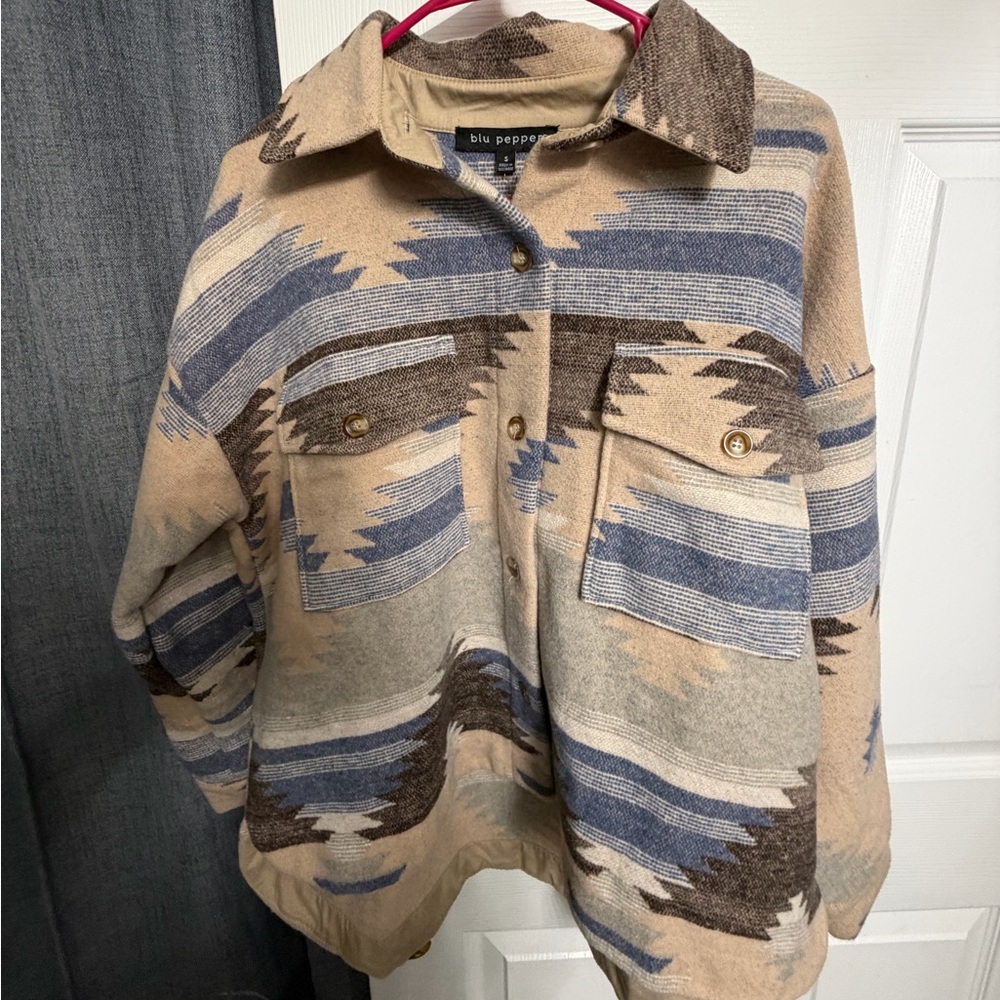 Blu Pepper Aztec Stripe Button-Up Shirt Jacket in Beige, Blue and Brown